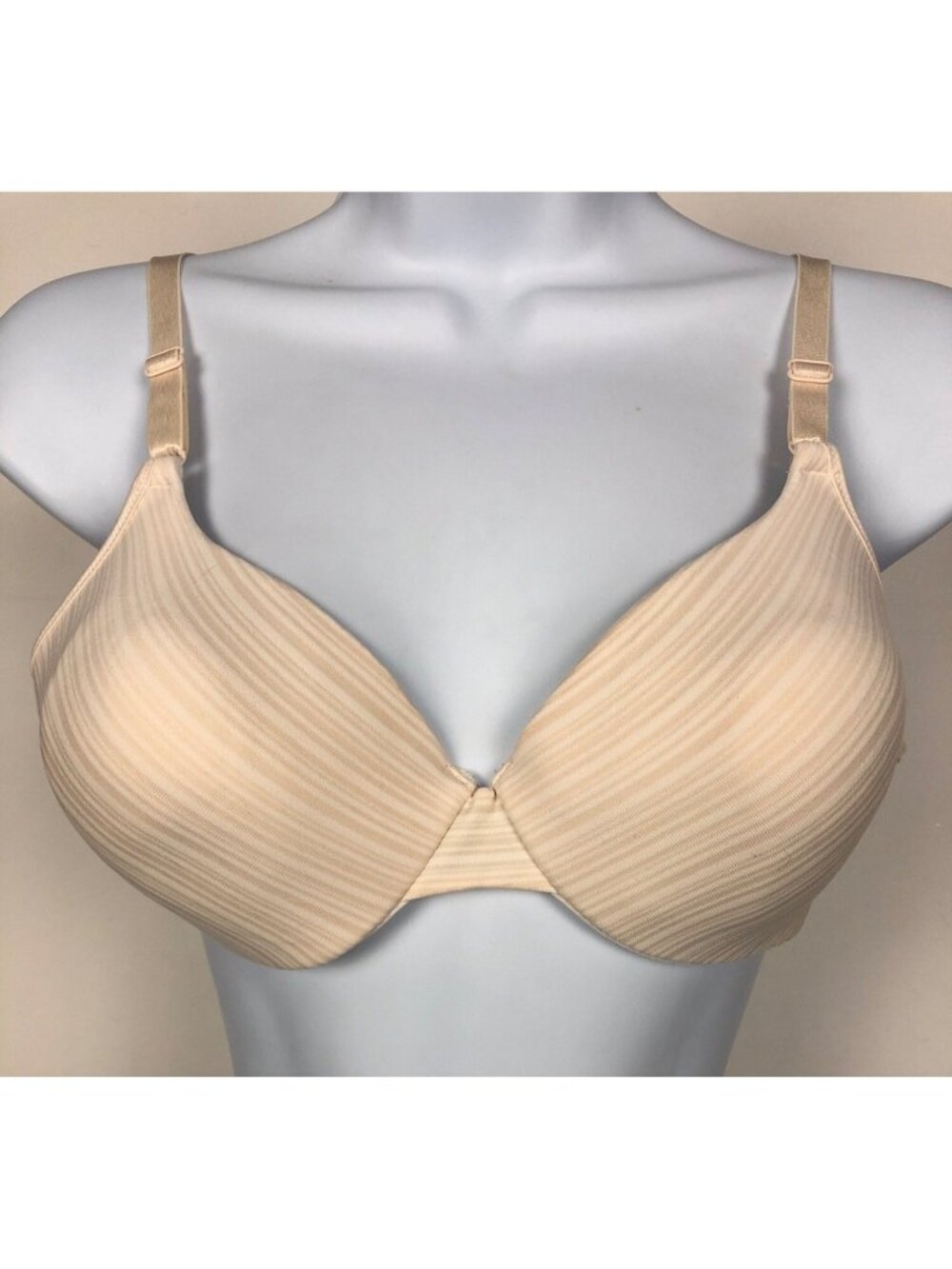Bra Women Size 36C Cream Beige Thin Stripe Underwire Lined Back Close Adj Straps